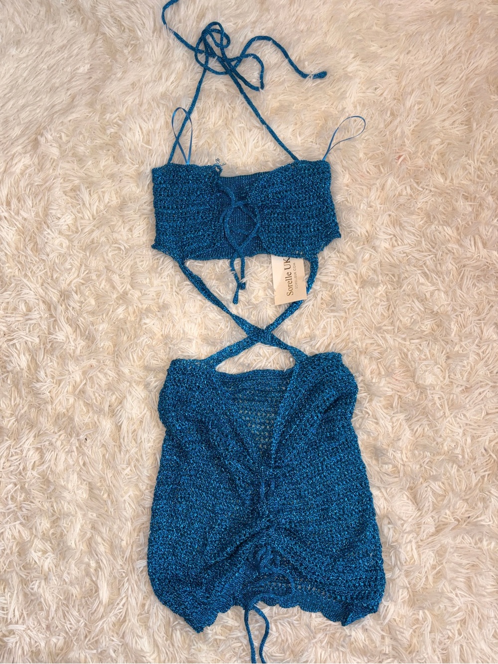 Handknit Teal Blue Two-Piece Crochet Set